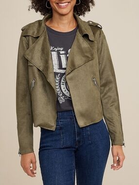 Tahari Olive Faux Suede Moto Jacket Size Large Zip Front Lightweight